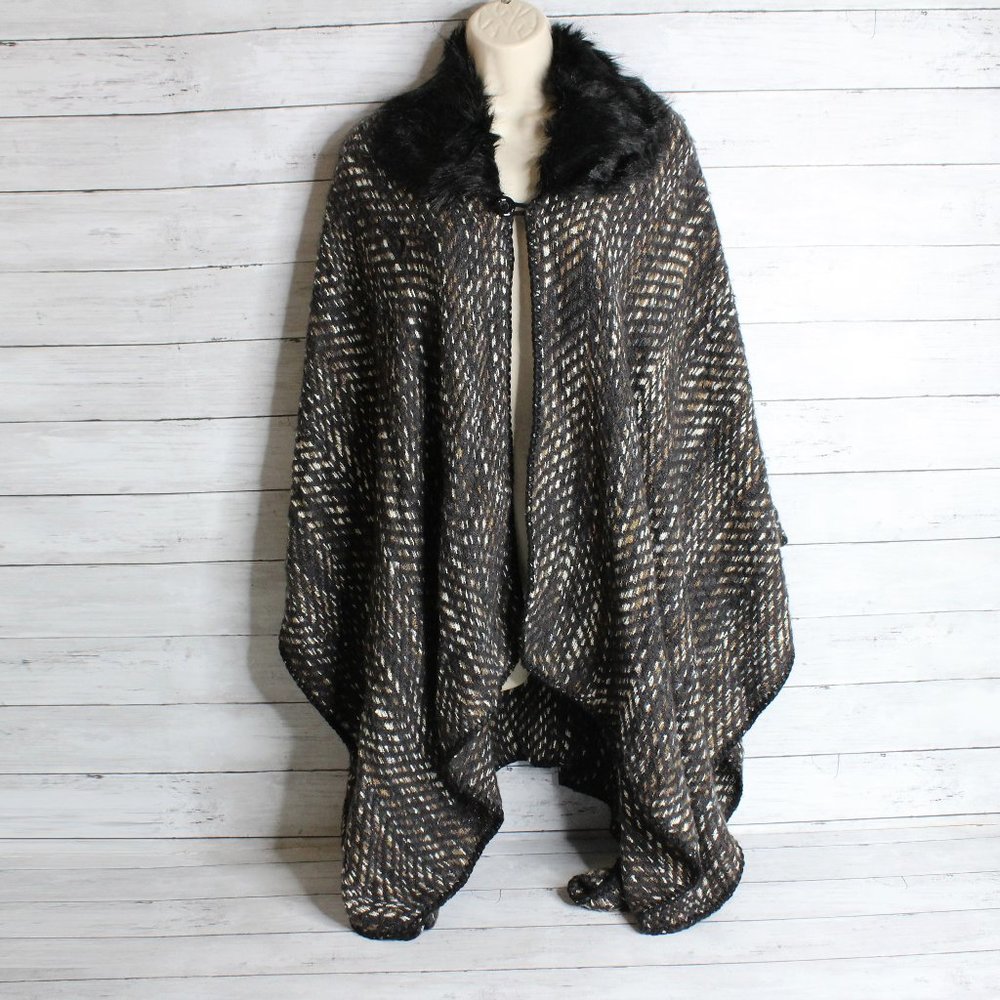 Apt 9 Women's Sweater Knit Shawl Coat Wrap One Size Black Brown White Fur